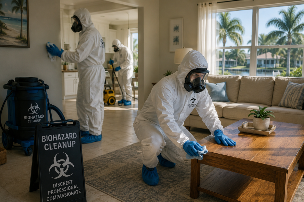 Unattended death cleanup in Florida by professional biohazard team using protective equipment